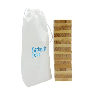 A stacking puzzle set made of wood, presented with a white pouch featuring a logo.