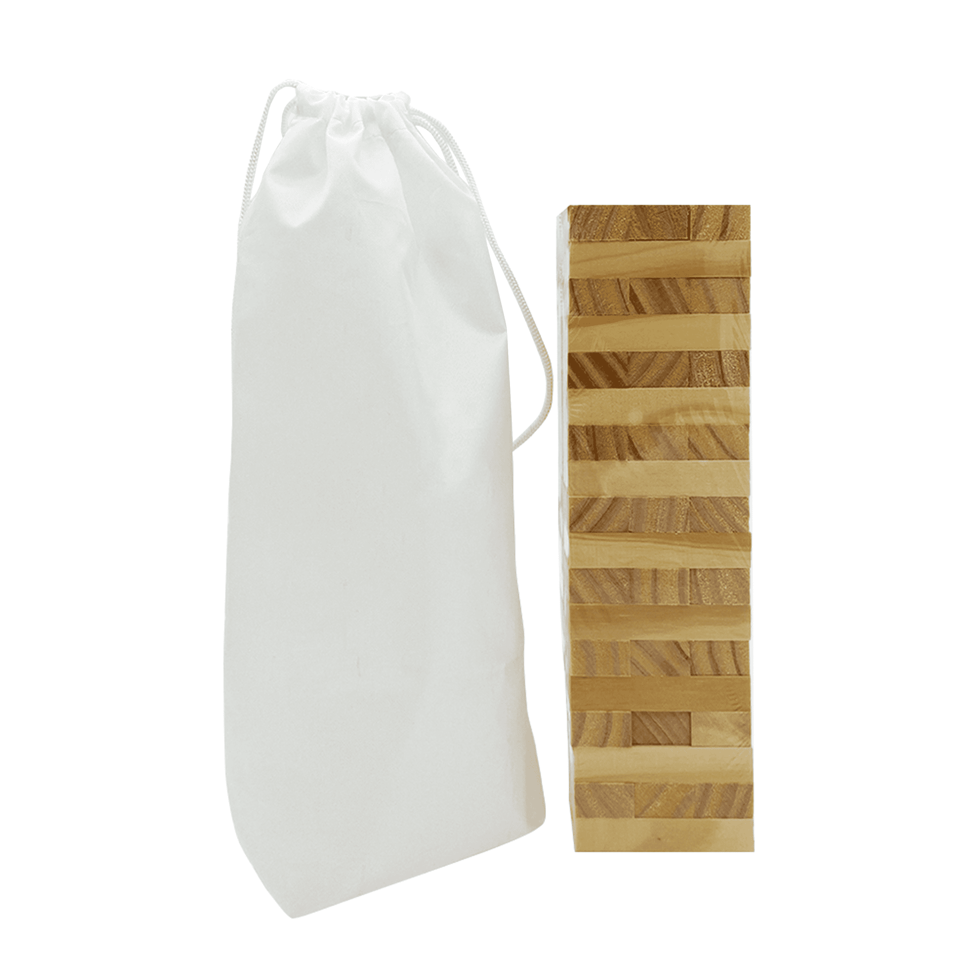 A stacking puzzle set in natural wood tones, accompanied by a white pouch for storage.