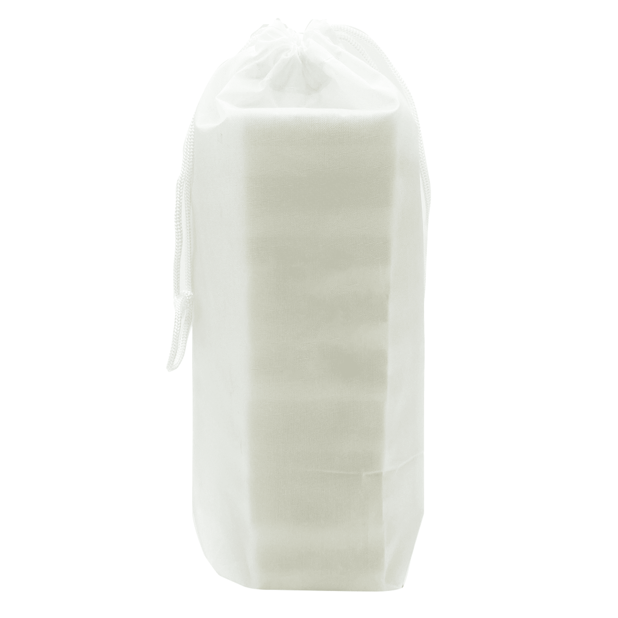 A white pouch containing a stacking puzzle set. The pouch is cinched at the top with a drawstring.