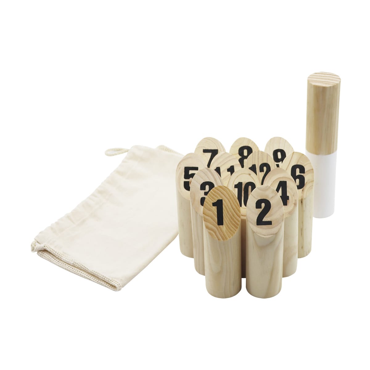 A wooden skittle set with numbered pins, packaged with a drawstring bag. The pins are natural wood with black numbers.