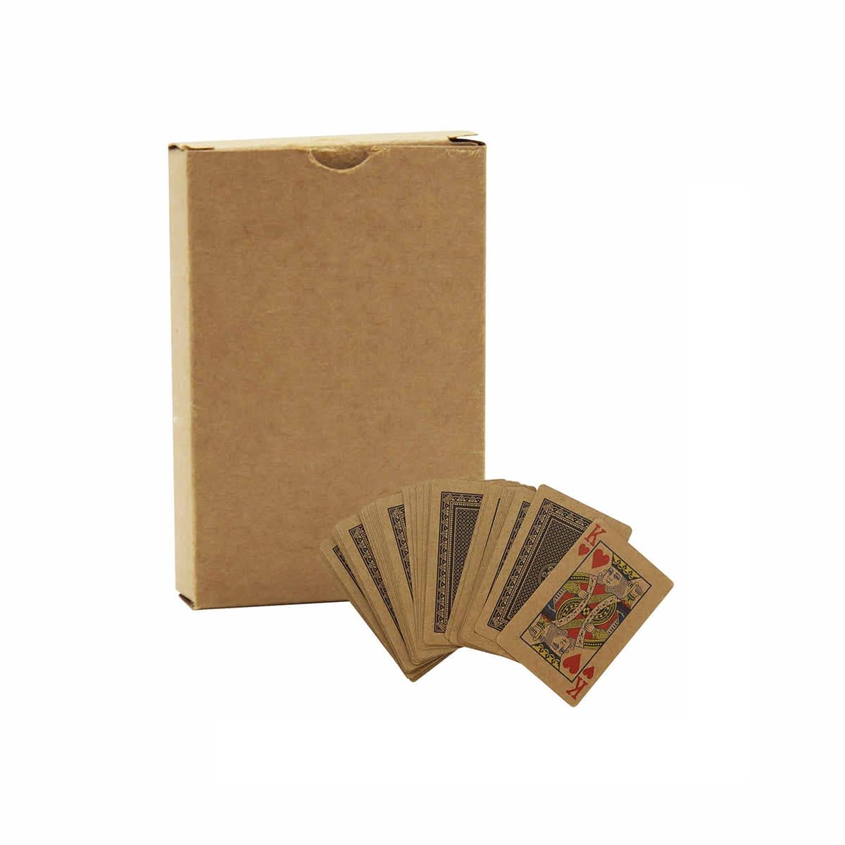 Eco-friendly playing cards spread out next to a brown cardboard box, featuring a simple design and natural colours.
