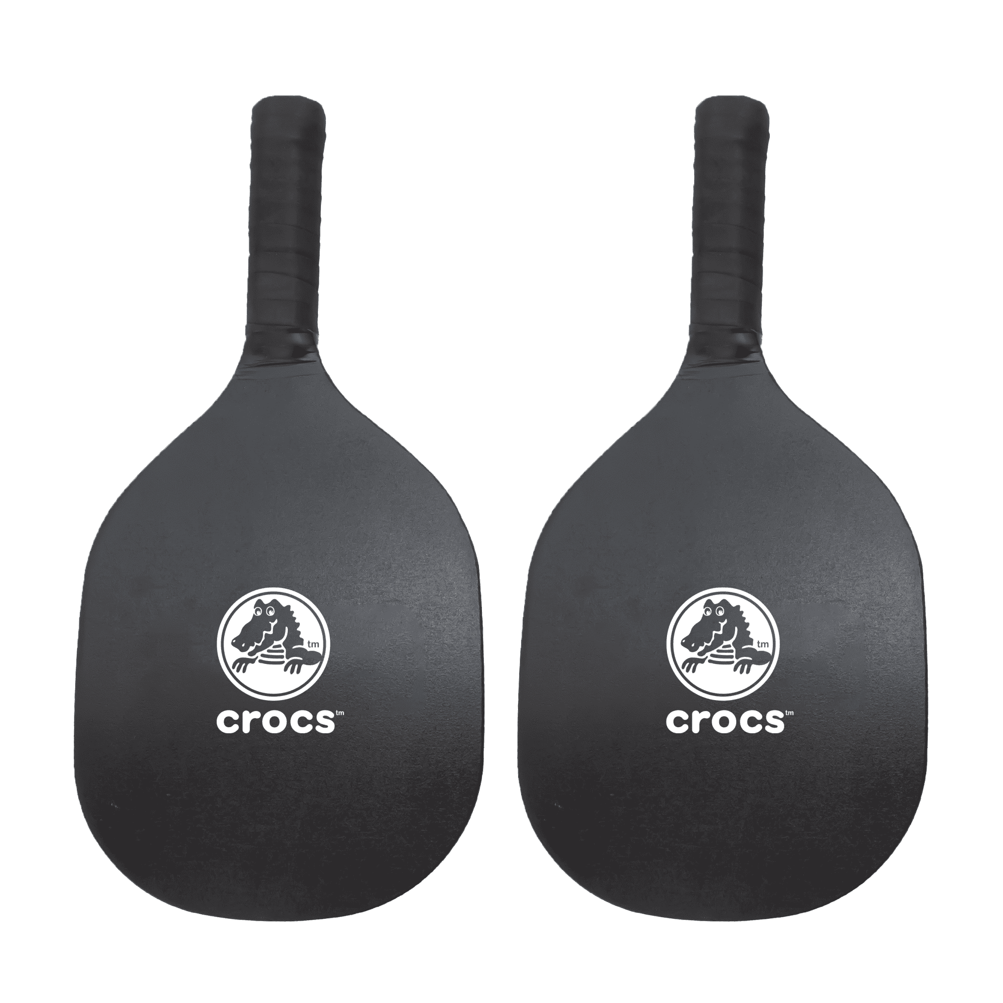 A pair of black pickleball paddles with grip handles, each featuring a logo. Perfect for outdoor sports activities.