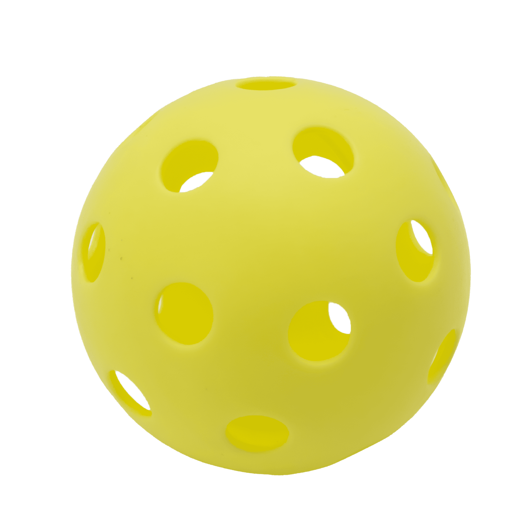 A bright yellow pickleball with holes, designed for leisure and outdoor sports activities.