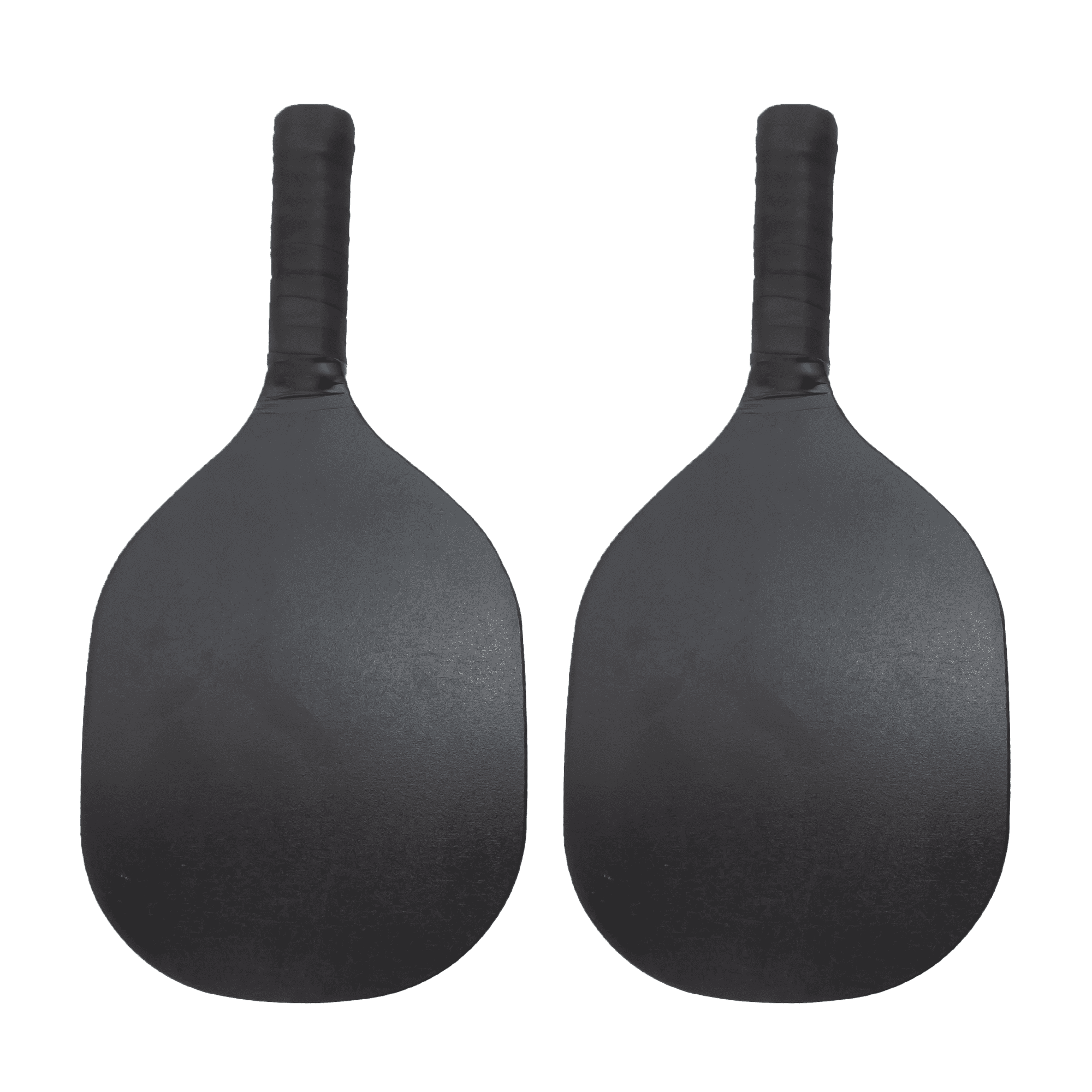 A pair of black pickleball paddles with textured grips, featuring a simple design and no visible branding.
