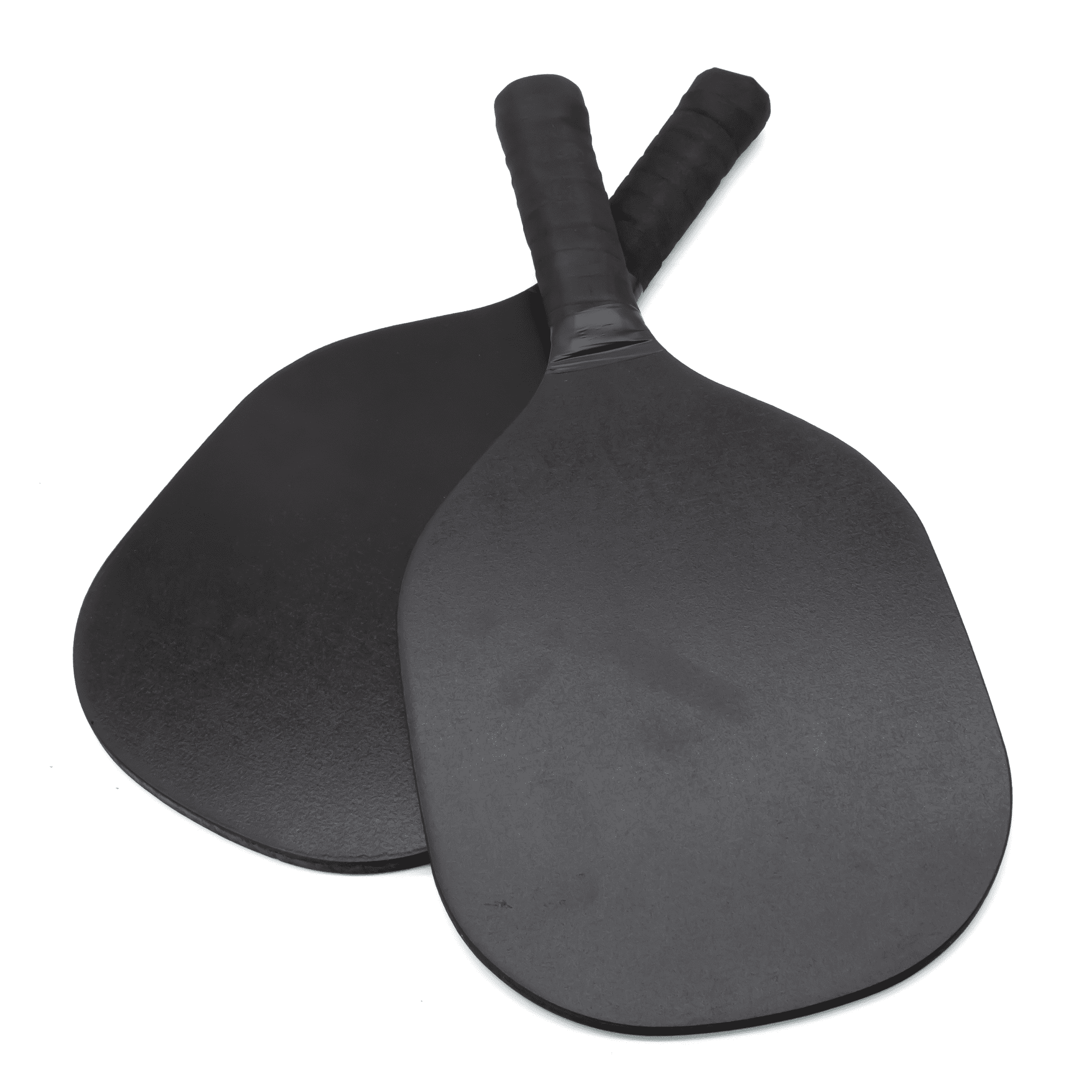 A set of two black pickleball paddles with textured grips, featuring a smooth playing surface.