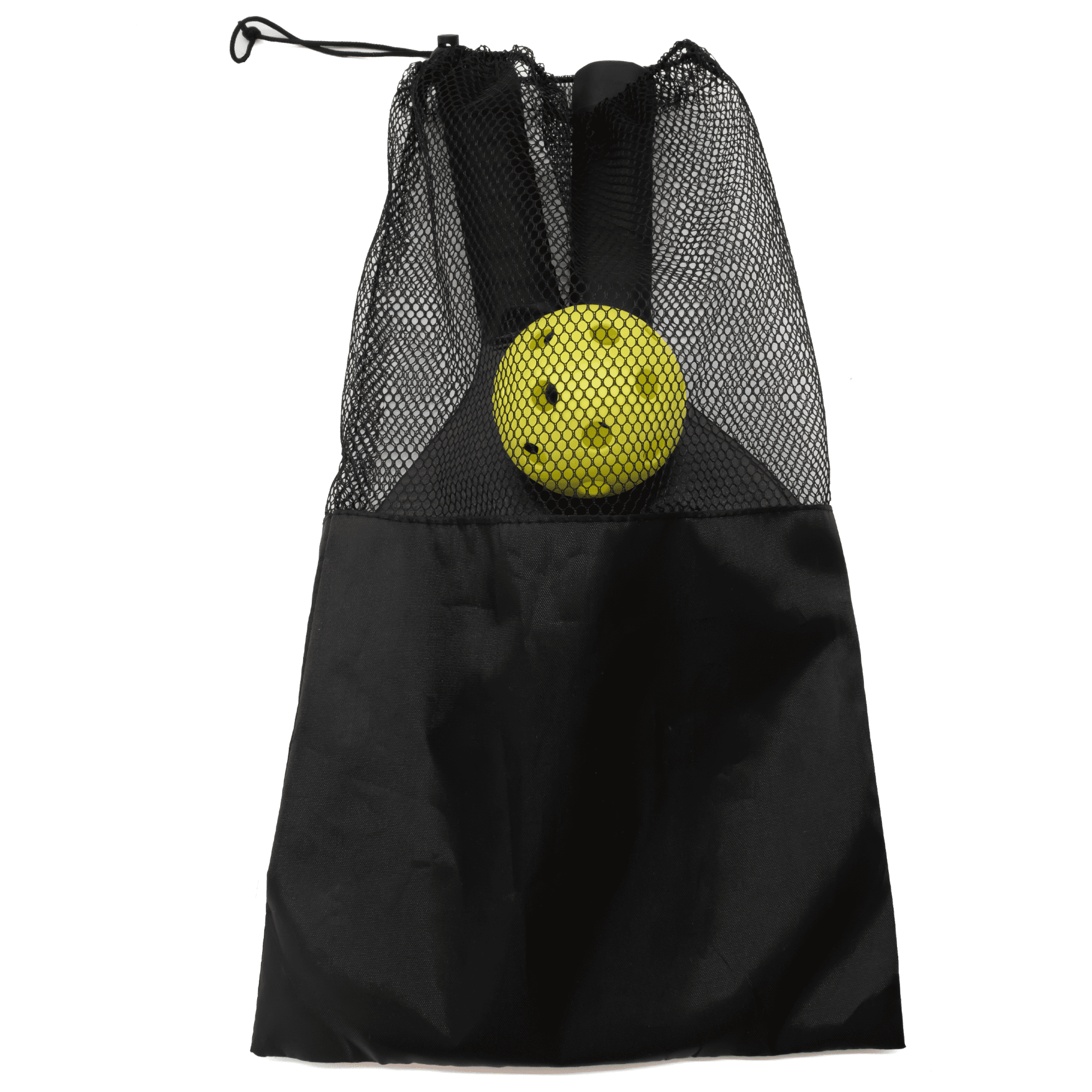 A black mesh bag containing a yellow pickleball, designed for leisure and outdoor sports.