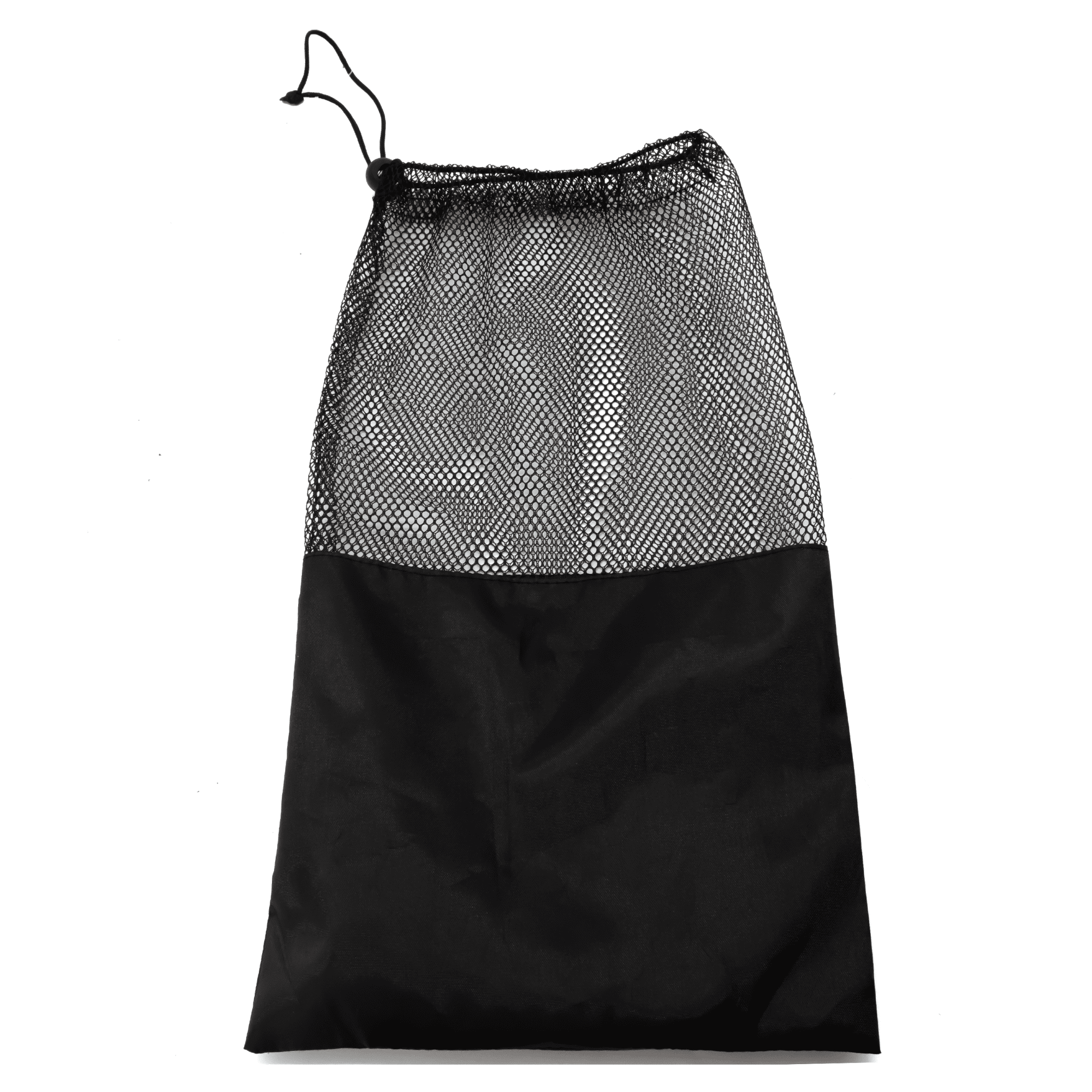 A black mesh bag with a solid black bottom and a drawstring closure.