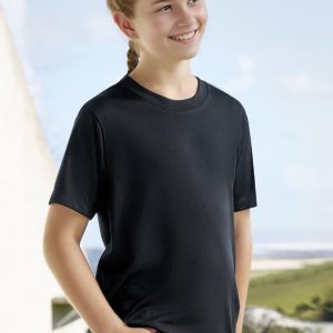 A black short sleeve tee for kids, displayed on a girl in a scenic outdoor setting.