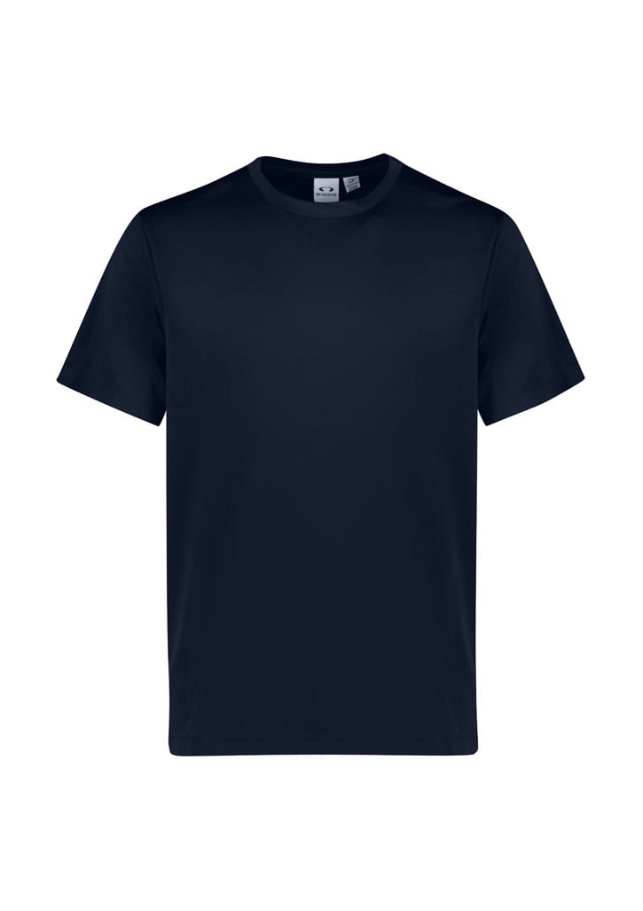 A navy short sleeve tee featuring a simple design and a logo on the tag.