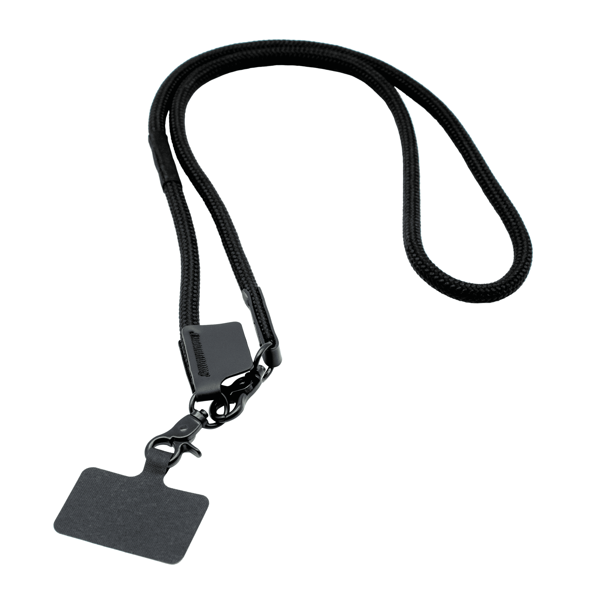 A black phone strap featuring a textured design and a clip for attaching to phones or other items.