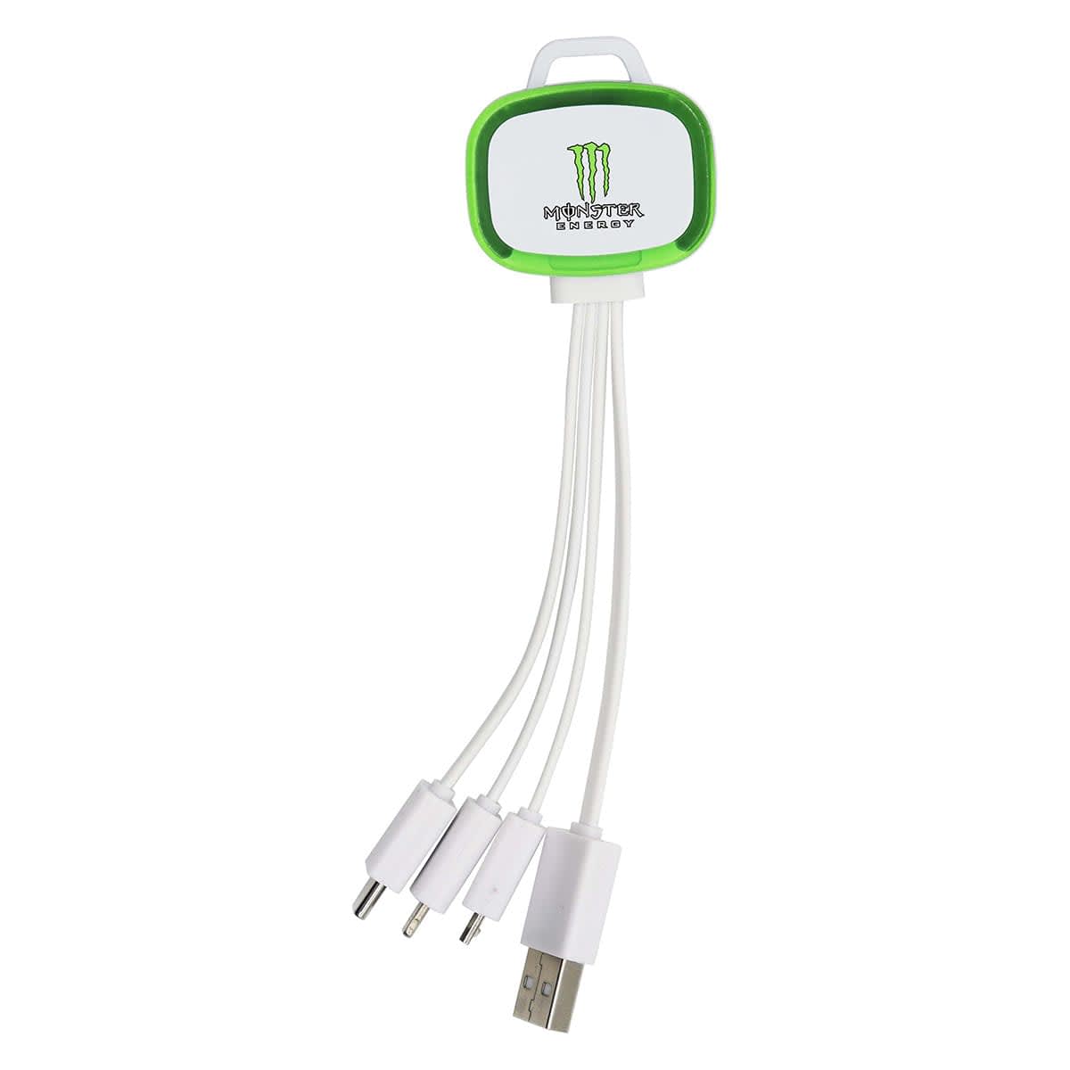 A green and white 4-in-1 charging cable with multiple connector tips and a branding logo.