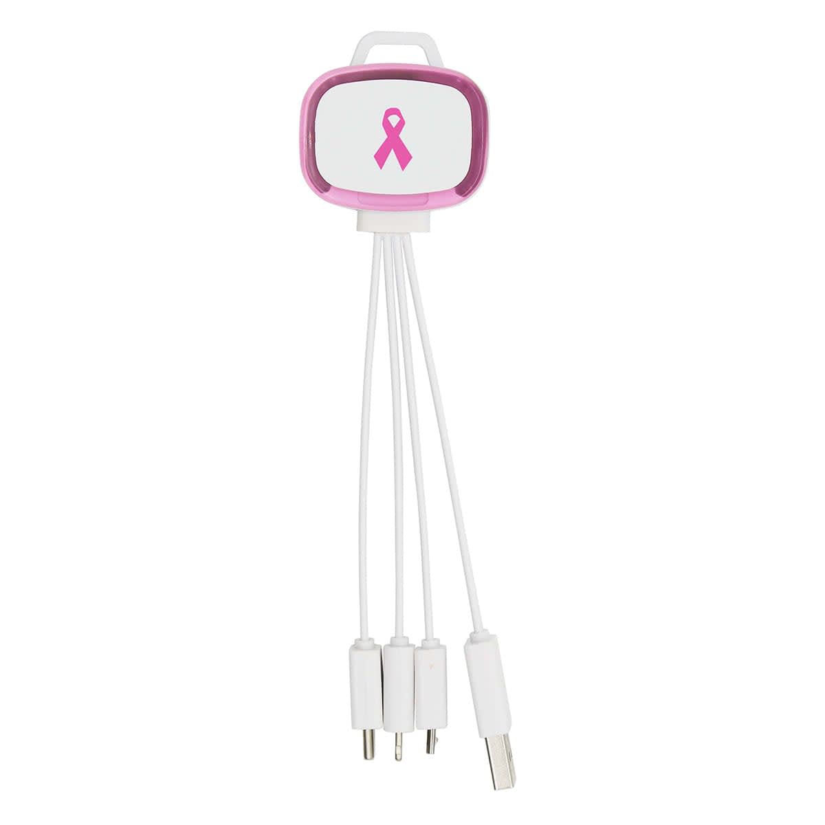 A pink and white 4-in-1 charging cable with multiple connectors and a logo on the back.