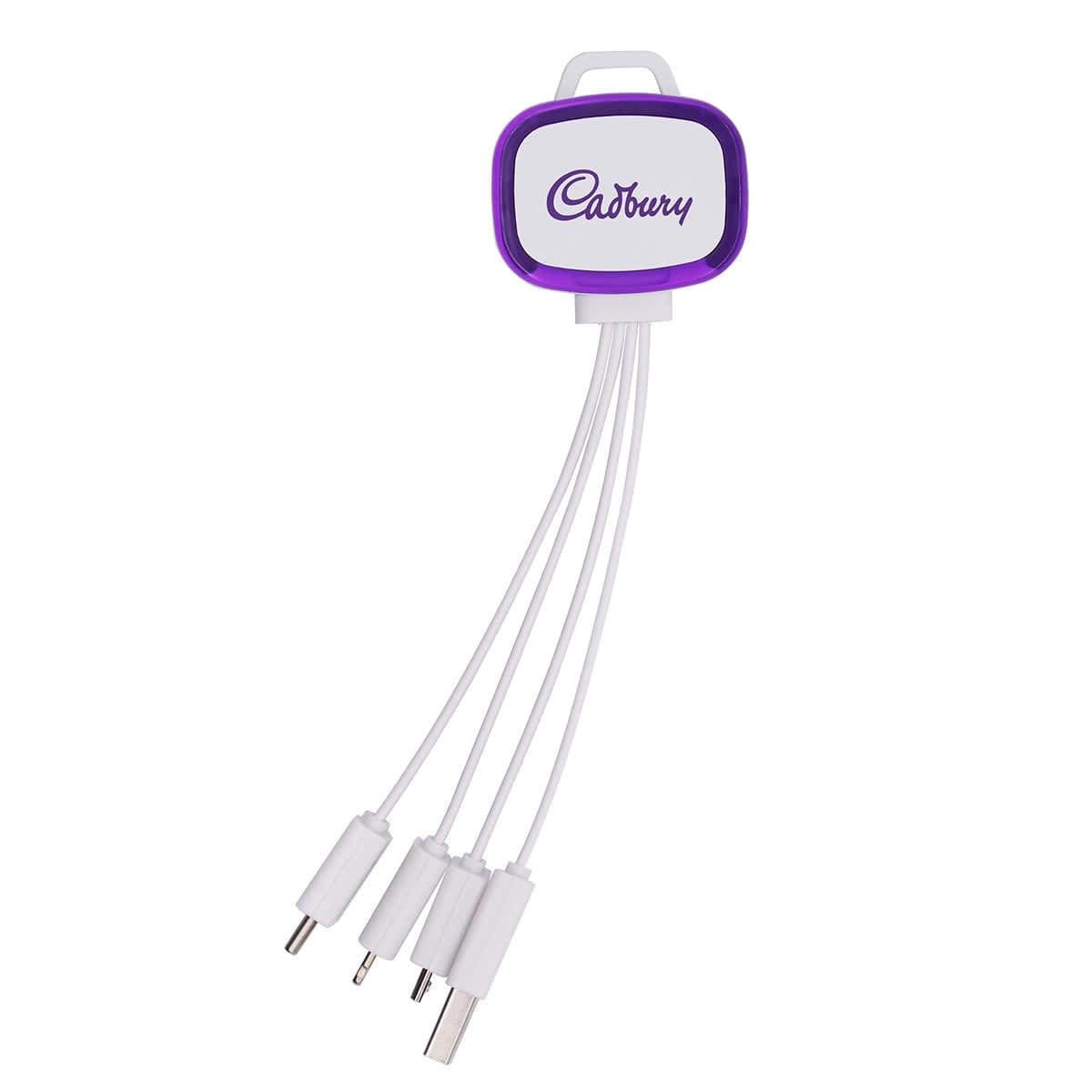 A 4-in-1 charging cable with a purple and white design, featuring multiple connectors and a logo.