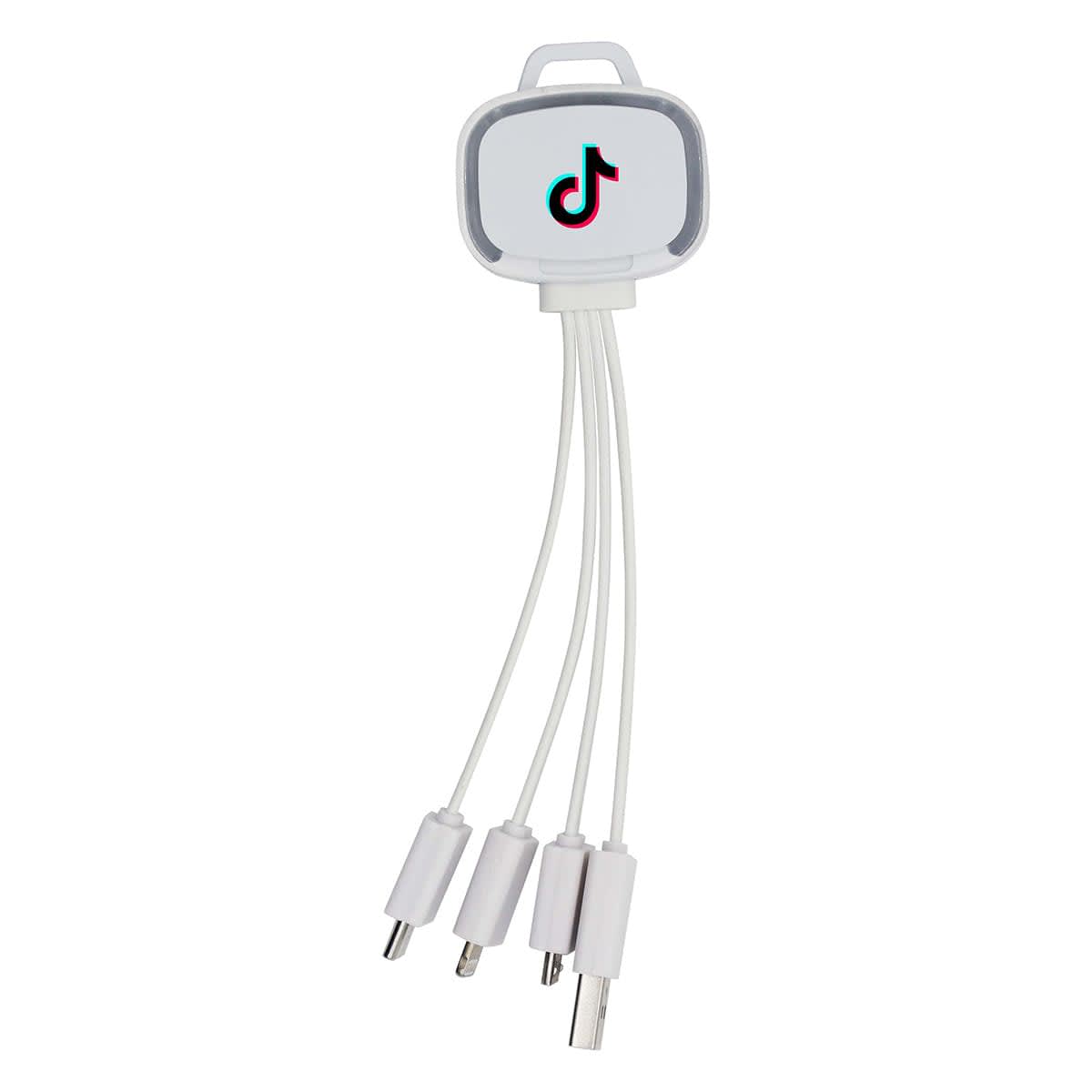 A 4-in-1 charging cable in white with multiple connectors and a logo on the main body.