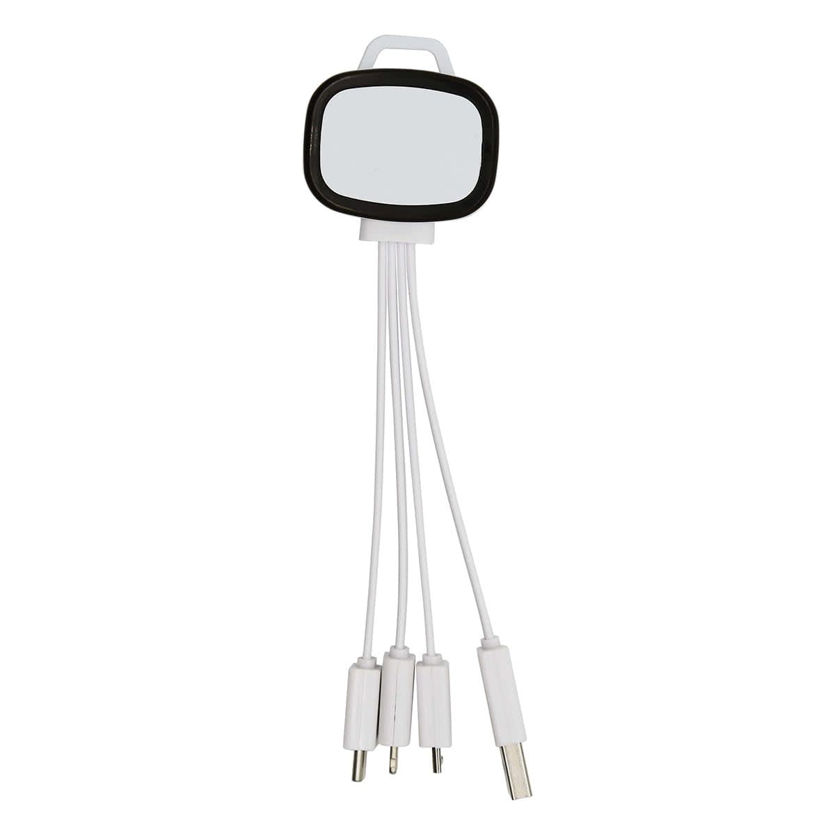 A white 4-in-1 charging cable with a rectangular connector and three detachable tips for various devices.
