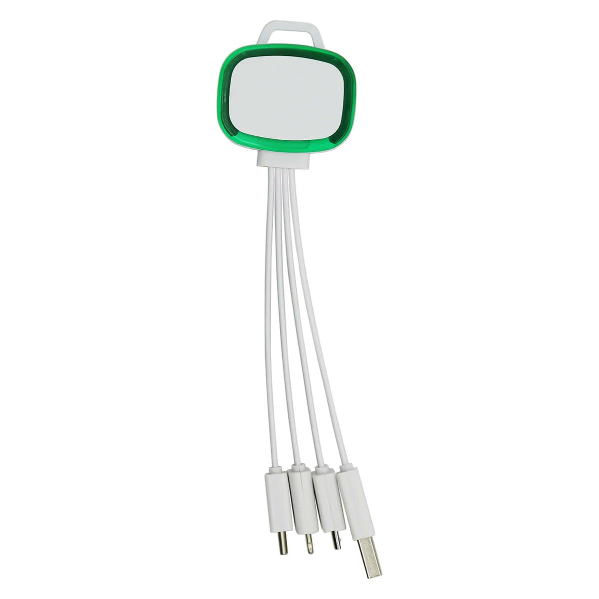 A green and white 4-in-1 charging cable with multiple connectors and a circular attachment for easy handling.