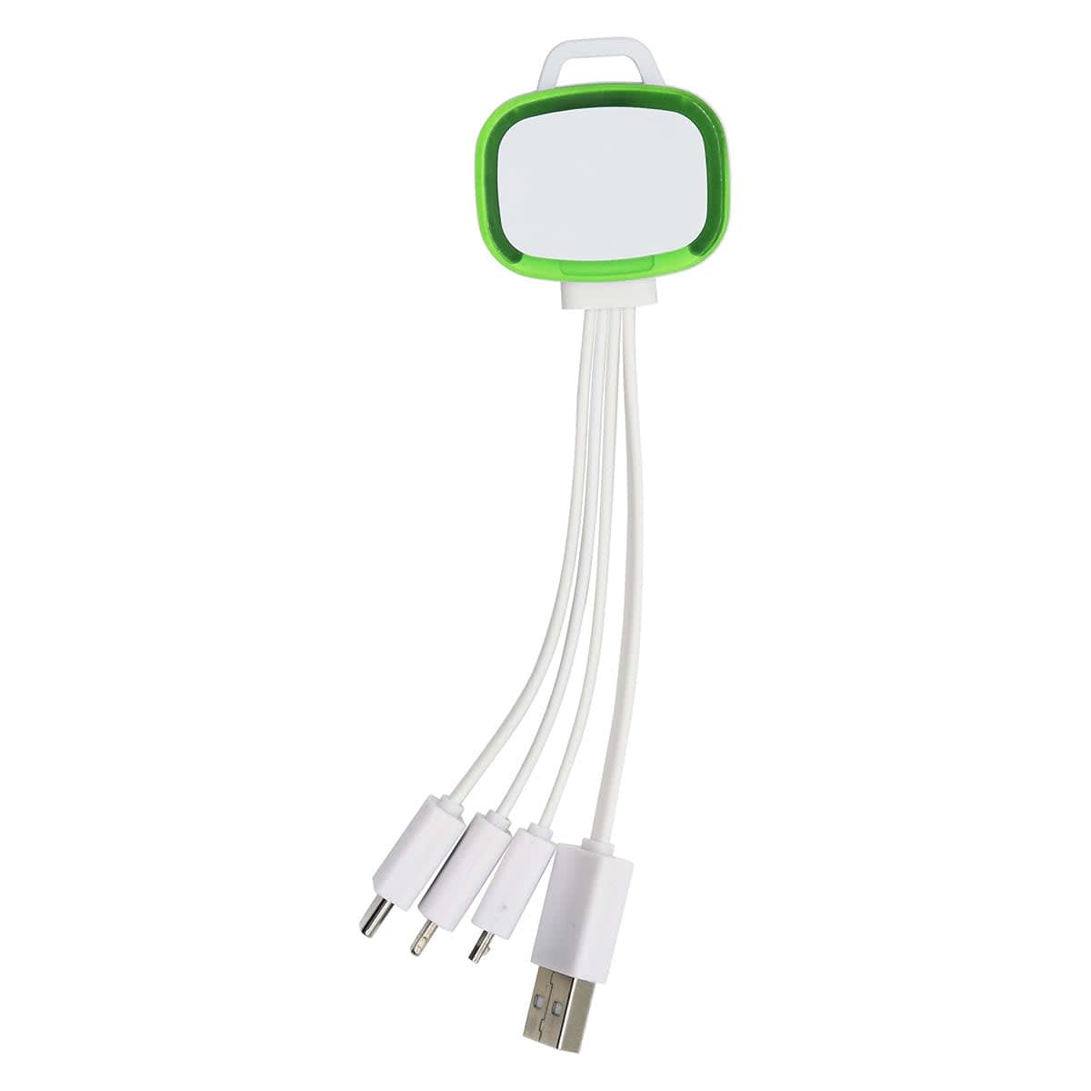 A green and white 4-in-1 charging cable with multiple connectors for various devices and a logo on the handle.