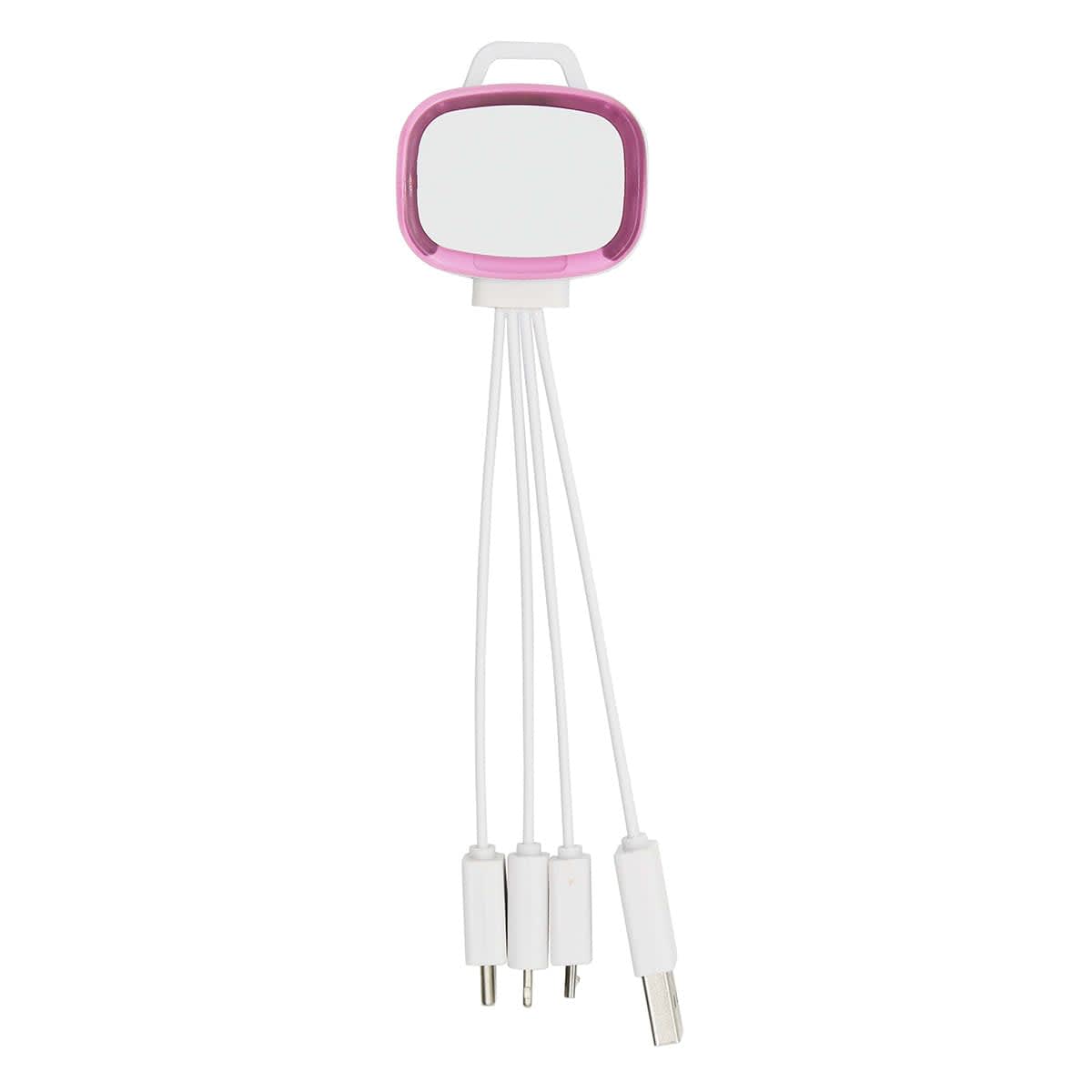 A pink and white 4-in-1 charging cable with multiple connectors for various devices. It includes a logo.