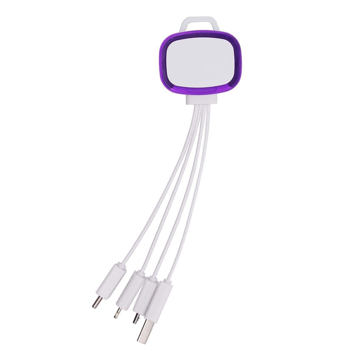A purple and white 4-in-1 charging cable with multiple connectors for different devices, featuring a logo.