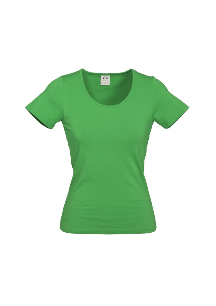 A green ladies' t-shirt with a scoop neckline and short sleeves. The shirt features a brand logo.