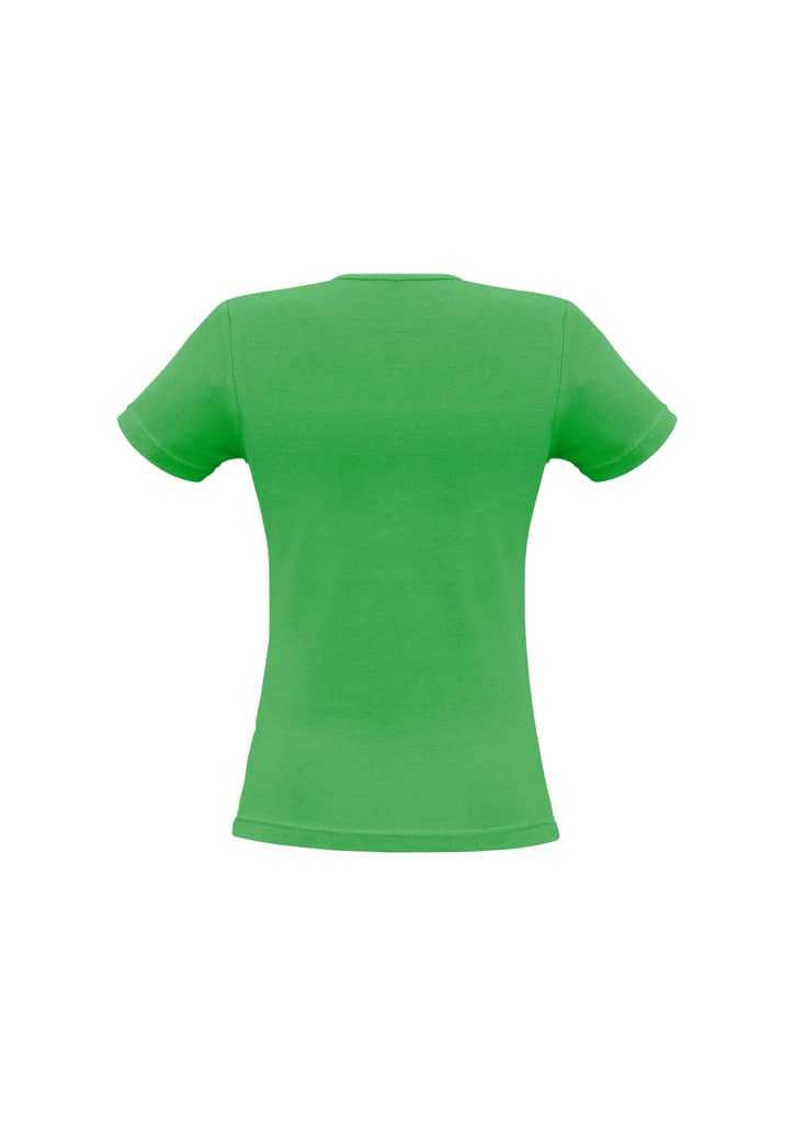 A green ladies' t-shirt with short sleeves and a fitted design, featuring a plain back and no visible branding.