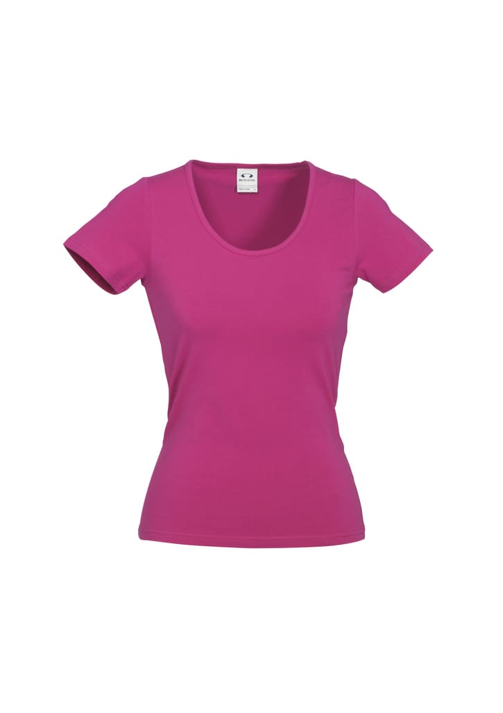 A short-sleeved, scoop neck t-shirt in bright pink, featuring a logo on the label.