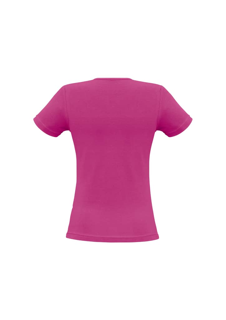 A pink women's t-shirt with short sleeves and a fitted design, featuring a logo on the back.