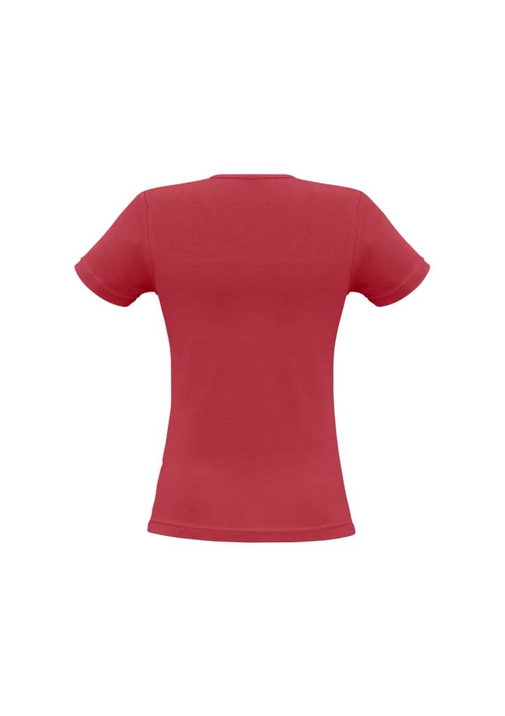 A red women's t-shirt featuring a fitted design and short sleeves, with a logo on the back.