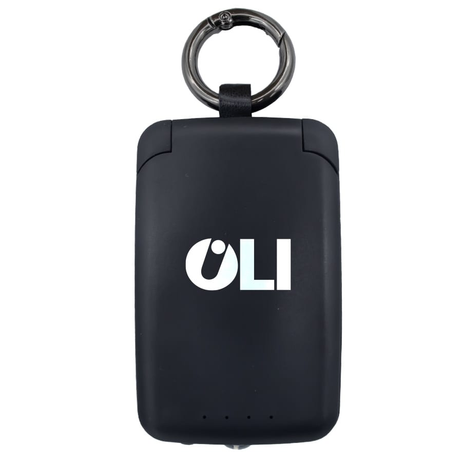A black mini power bank with a keyring attachment and a logo on the front.