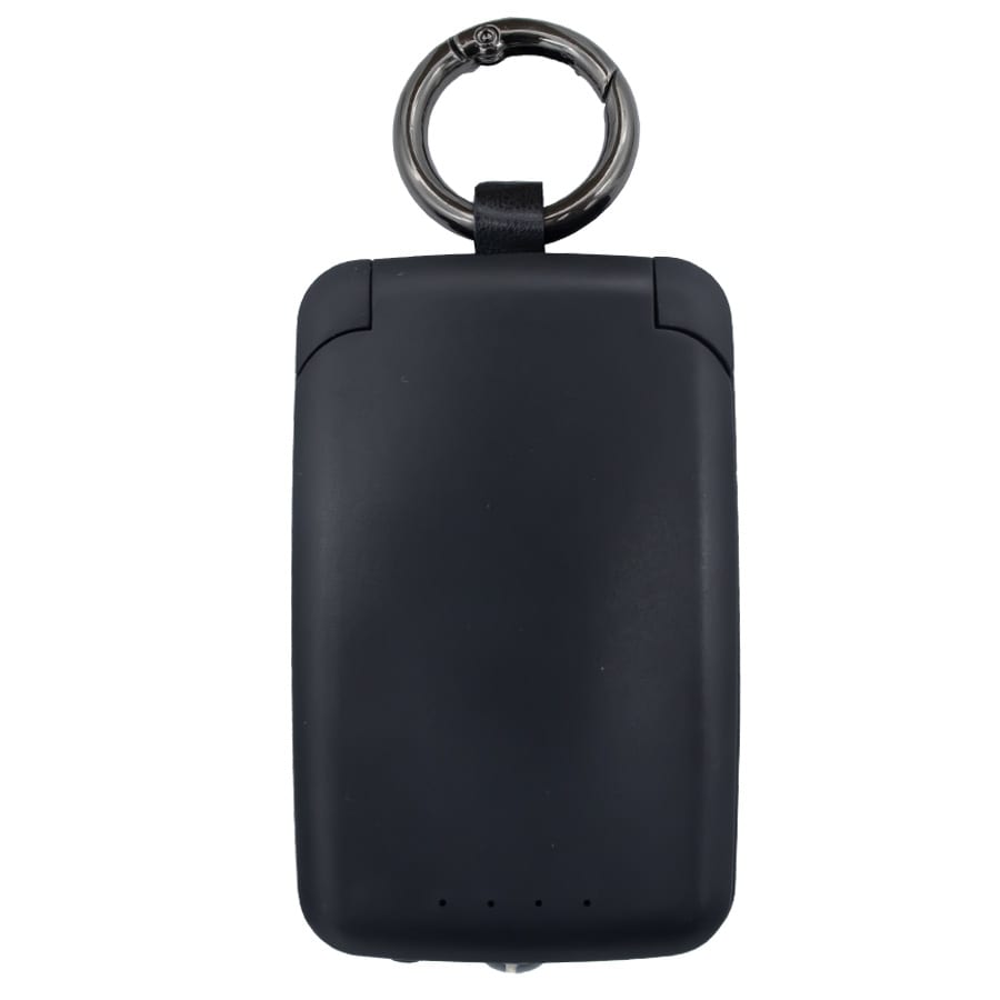 A black 2,000mAh mini power bank with a silver keyring attachment and a discreet logo.