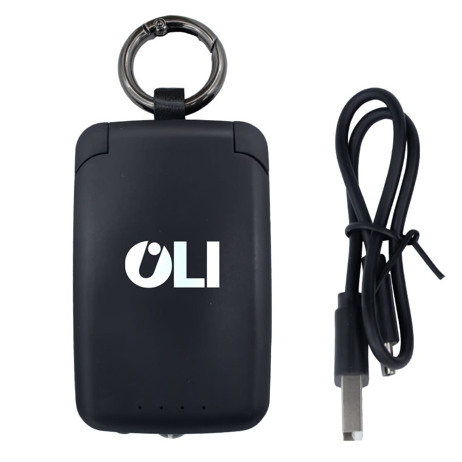 A black mini power bank with a keyring attachment and a black USB cable. It features a logo on the front.