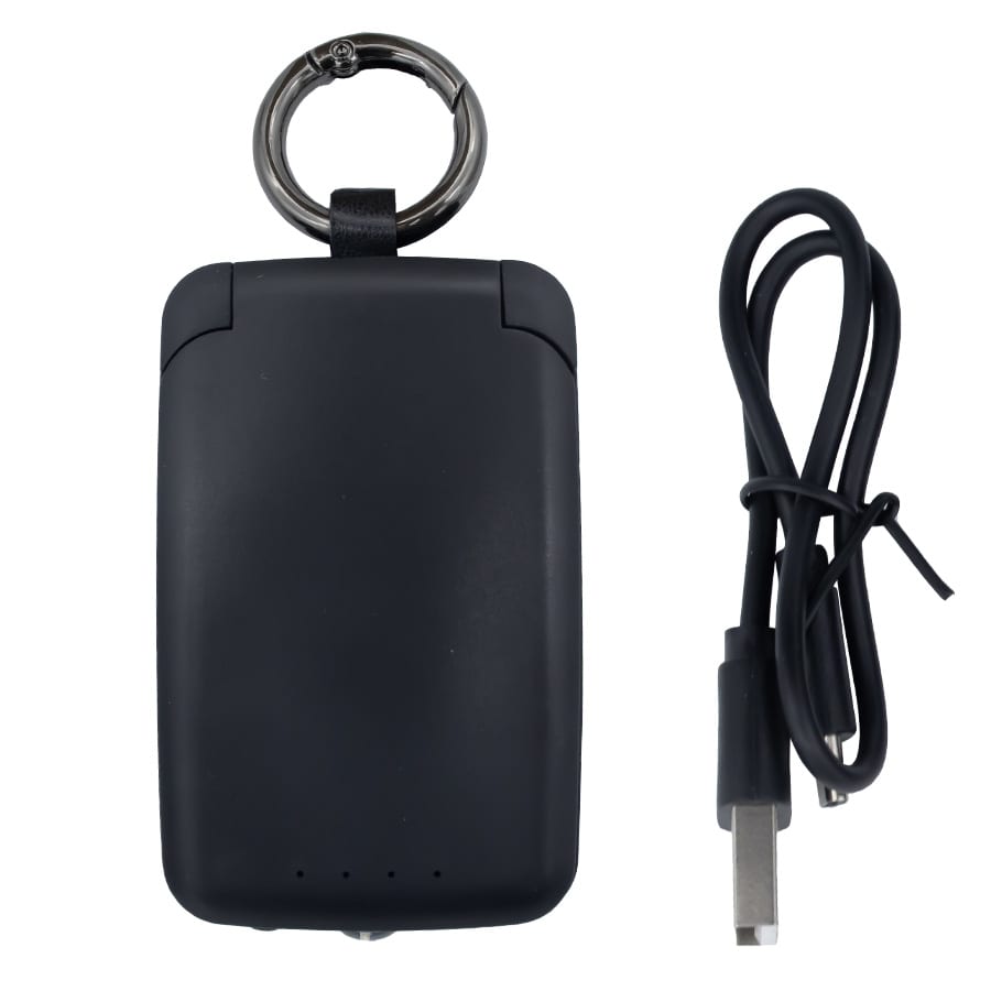 A black 2,000mAh mini power bank with a keychain loop, accompanied by a USB charging cable.