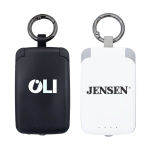 A mini power bank in black and white, featuring two logos and a keyring attachment.