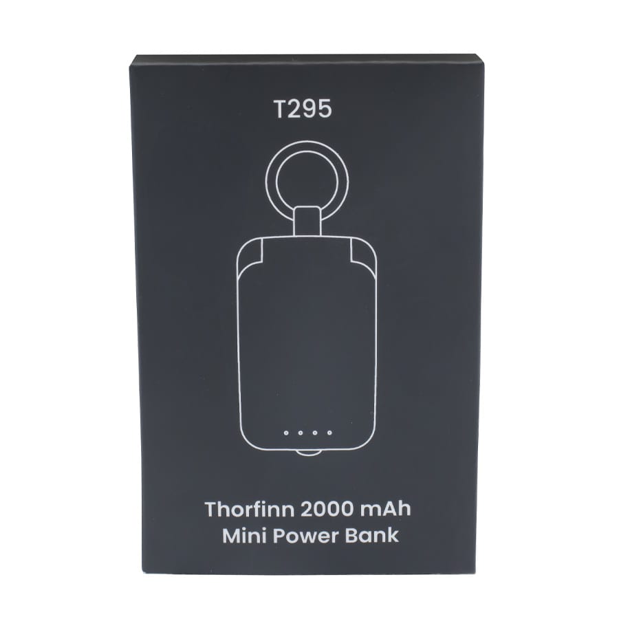 A black box containing the Thorfinn 2,000mAh Mini Power Bank with a keyring attachment. The box features a brand logo.
