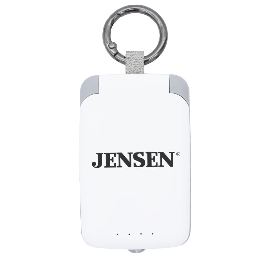A white mini power bank with a keyring attachment and a logo, featuring four indicator lights.