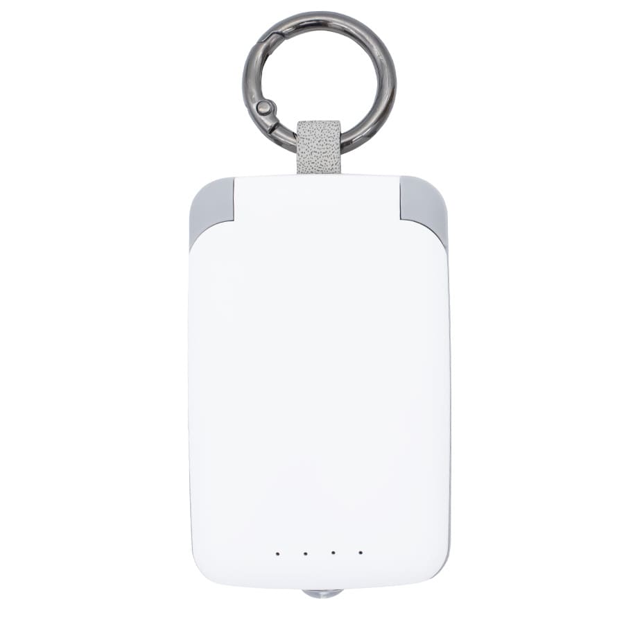 A white mini power bank with a keyring attachment, featuring a smooth design and small indicator lights.