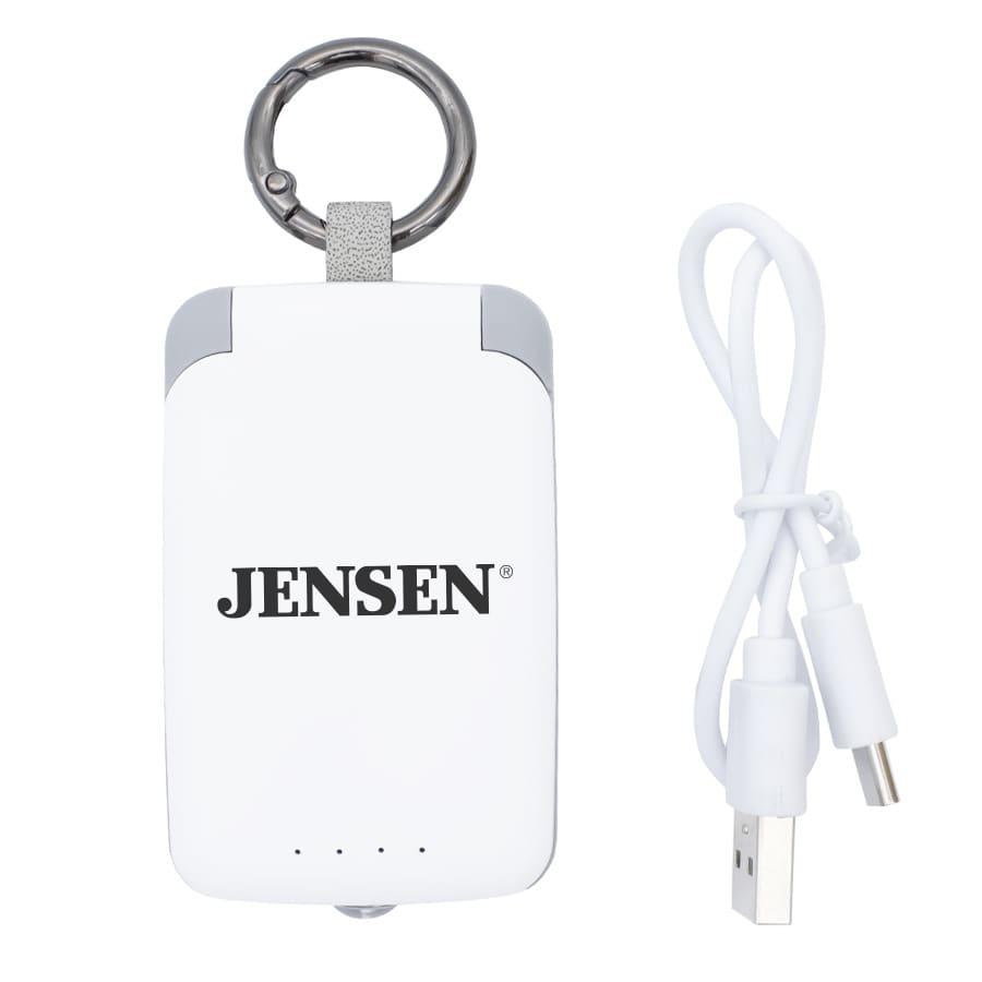 A white mini power bank with a keychain attachment and a USB charging cable. It features a logo on its surface.