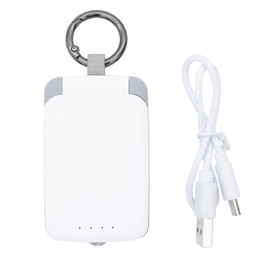A white 2,000mAh mini power bank with a keyring attachment and a white USB charging cable.