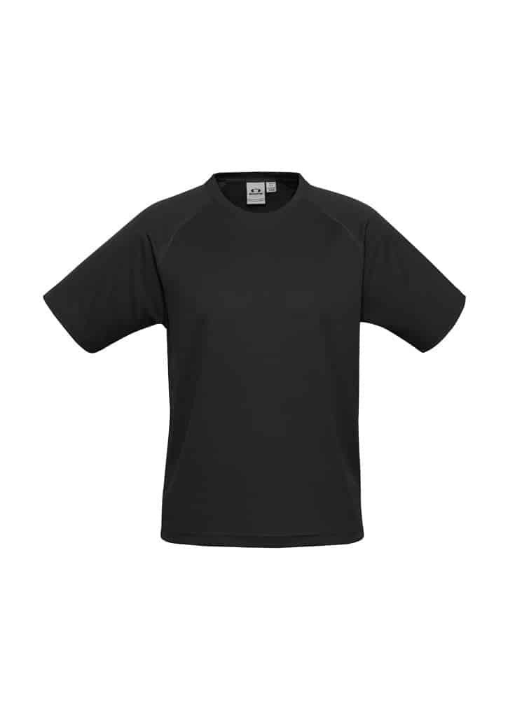 A black short sleeve tee designed for kids, featuring a simple design and a logo on the front.