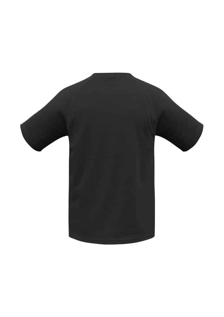 A black short sleeve tee for kids featuring a logo. The design includes raglan sleeves.