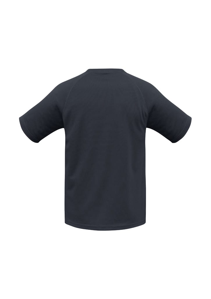 A black short sleeve tee with raglan sleeves and a logo on the back.