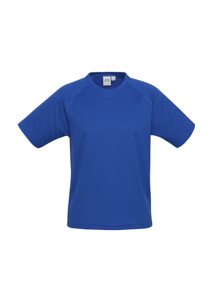 A blue short sleeve tee for kids featuring a simple design and a logo on the label.