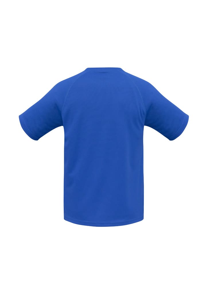 A blue short sleeve tee with a raglan style and a plain back. Features a logo.