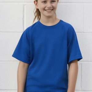 A blue short sleeve tee with a relaxed fit, featuring a logo, worn by a smiling child.