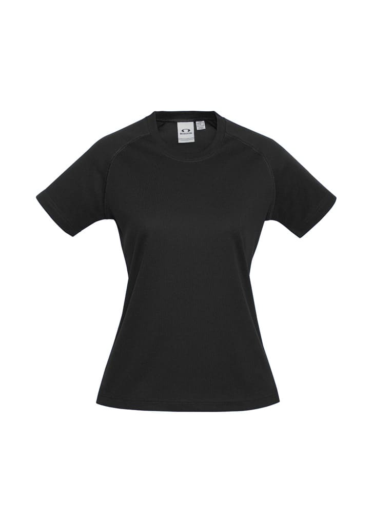 A black women's sprint short sleeve tee with a crew neck and a logo on the label.