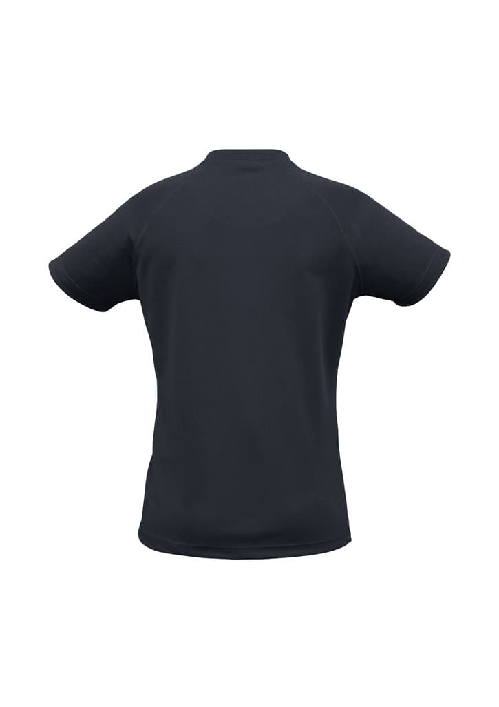A black women's short sleeve t-shirt featuring a simple design and a logo on the back.