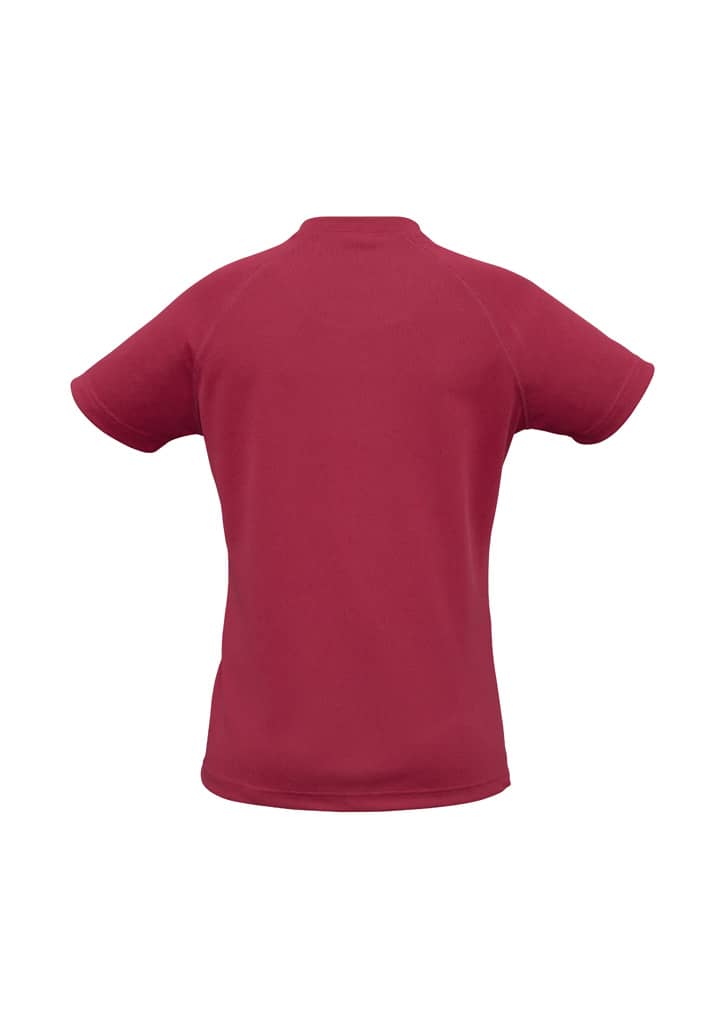 A red women's sprint short sleeve tee with a simple design and a small logo on the back.
