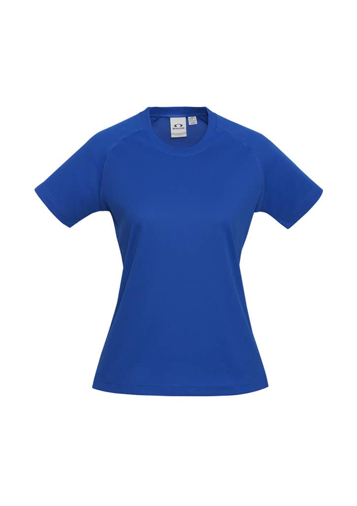A blue women's short sleeve tee with a fitted design and a logo on the front.