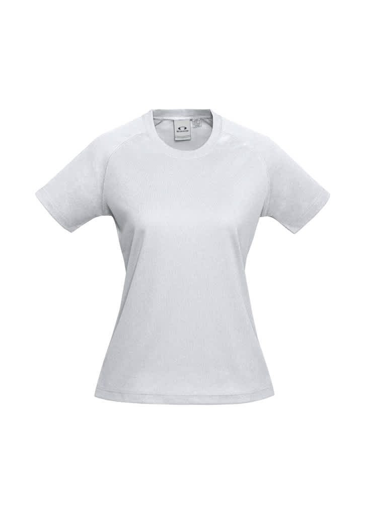 A white women's short sleeve tee featuring a fitted style and a logo on the label.