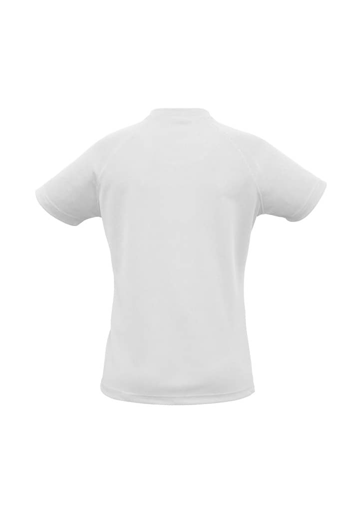 A white women's short sleeve tee with a fitted design, featuring a logo on the back.